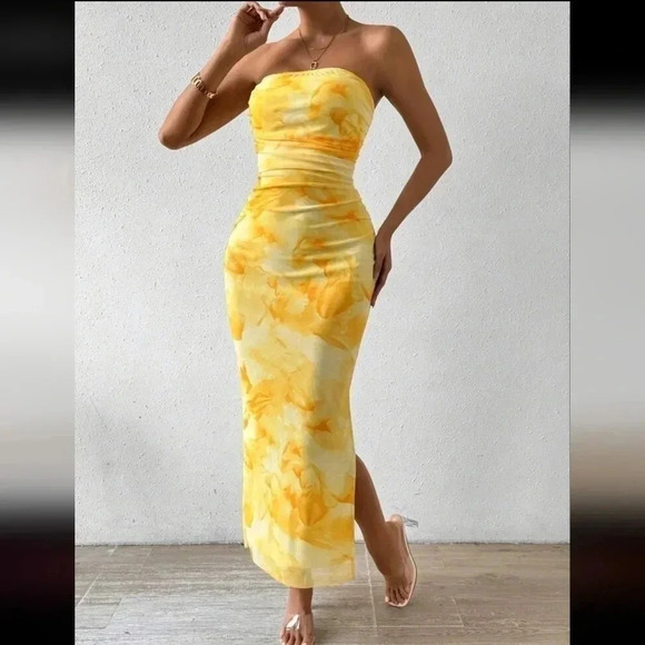Yellow Floral Strapless Maxi Dress - Picture 5 of 6